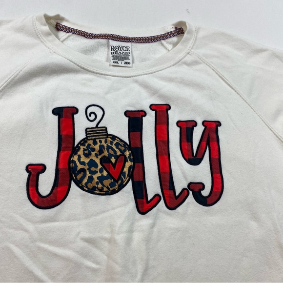 Royce Jolly White Sweatshirt Christmas Plaid Jollyy Ornament Red green Swea Top - Picture 1 of 9